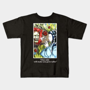 Japanese Alice in Wonderland and Caterpillar - One Side Makes You Grow Taller - White Outlined Version Kids T-Shirt